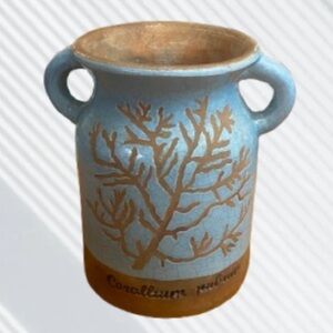 Vintage Earthenware Turquoise Glazed Coral Design Double Handle Vase Jug